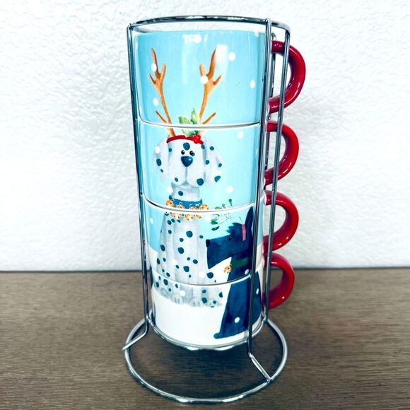Pier One Porcelain Holiday Coffee Mugs Stacked Set - Picture 1 of 5